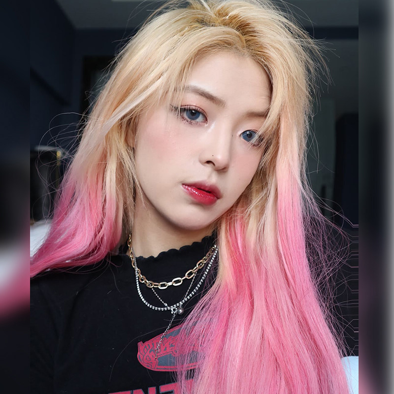 渐变网红假发长发亚麻奶金水粉粉红色lolita自然日常整顶假发
