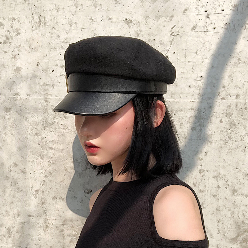 黑色羊毛呢海军帽子女韩版潮牌时尚欧美街头英伦百搭秋冬季贝雷帽