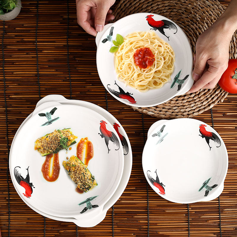 怀旧经典陶瓷公鸡圆形菜盘深盘水果果盘沙律盘鲍鱼盘