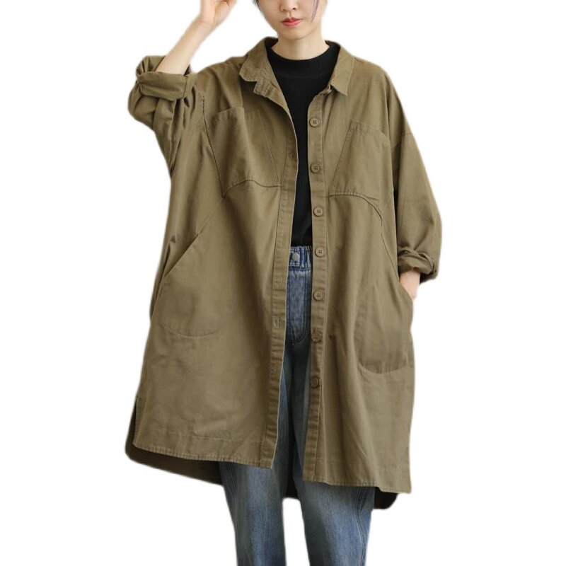 外贸品牌折扣女装清仓日系工装风衣女长款纯棉风衣