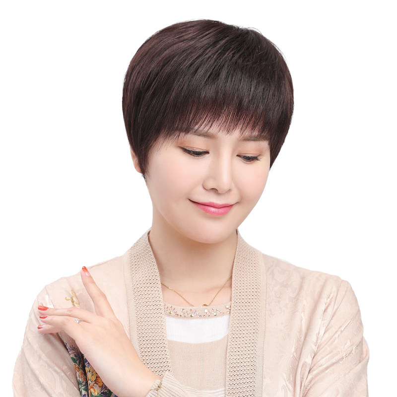 手织假发短发妈妈款真发头套全真真人发丝自然日常整顶假发