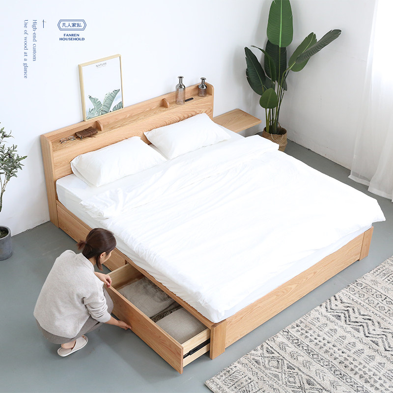 日式现代简约橡木木床箱体床储物高箱北欧收纳18米实木床