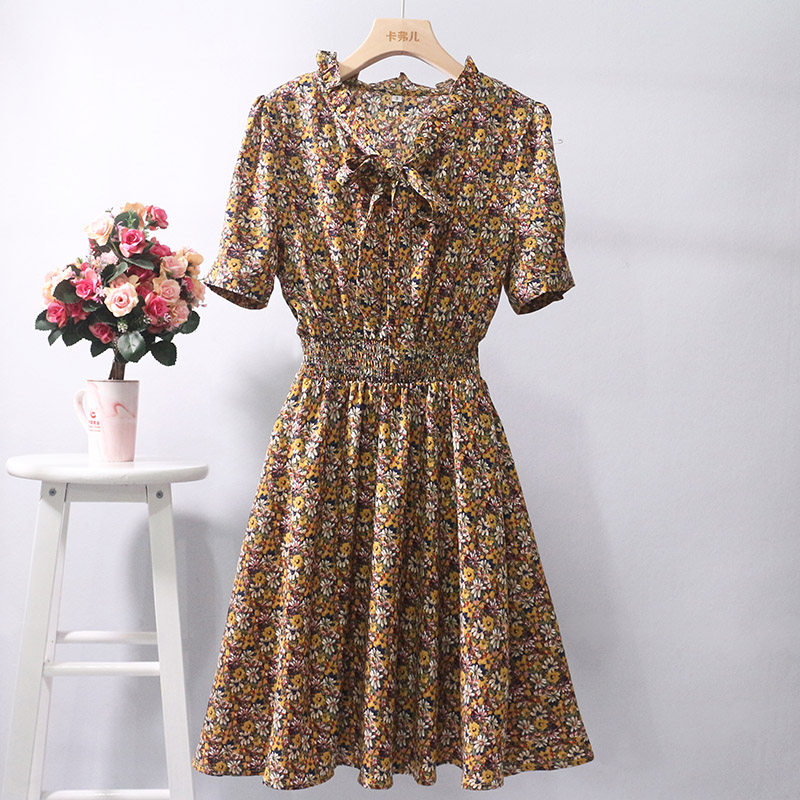 卡弗小花裙子碎花连衣裙中裙小个子蝴蝶结夏季小清新连衣裙