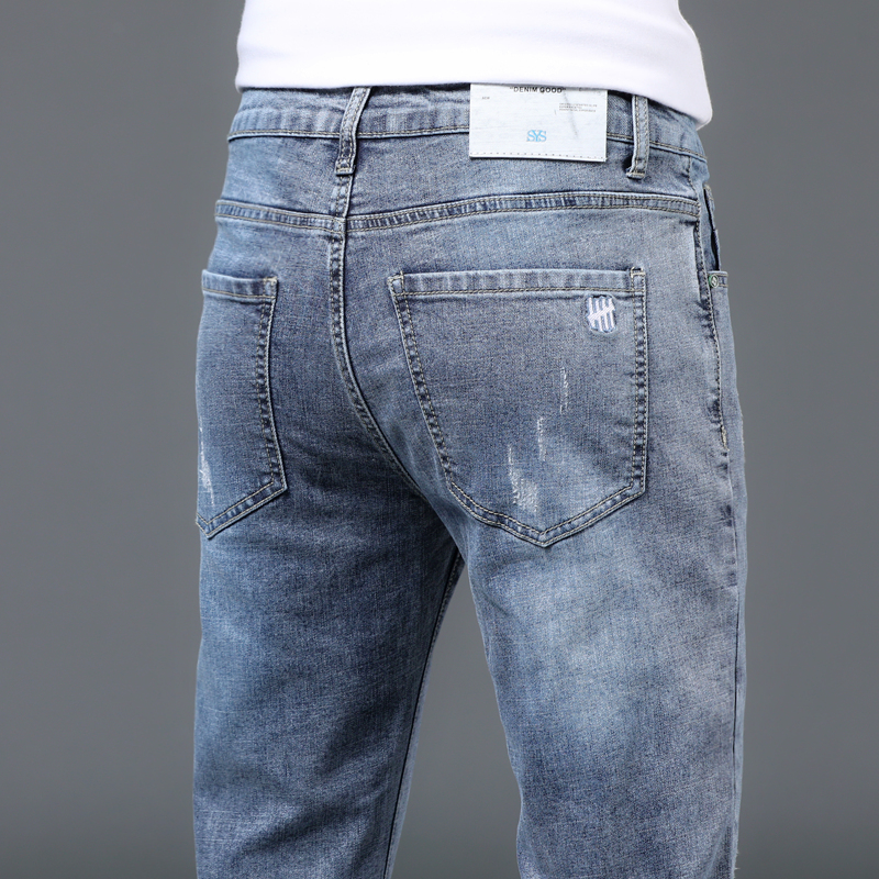 高端男士牛仔裤修身小脚2021秋季浅色弹力休闲长裤子百搭韩版潮流