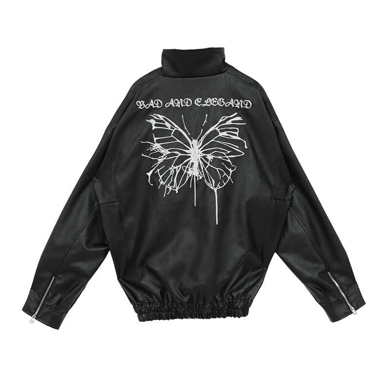 elec官方潮牌蝴蝶骨架刺绣皮衣国潮高街宽松皮衣