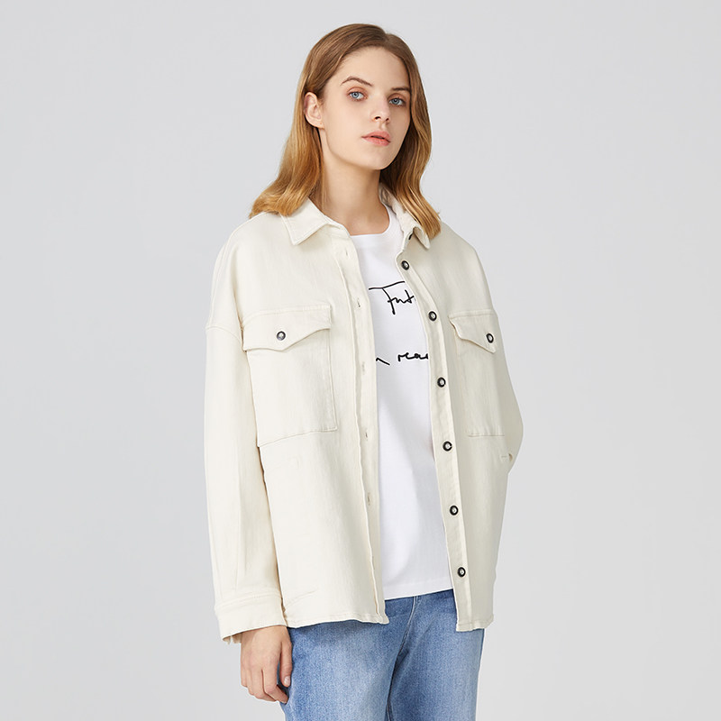 marcopolo2021年春季oversize宽松通勤女士米色牛仔纽扣衬衫