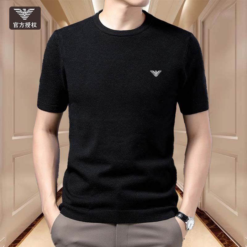 奇 阿玛尼 亚男士羊毛衫针织短袖T恤男圆领时尚羊绒半袖打底衫潮