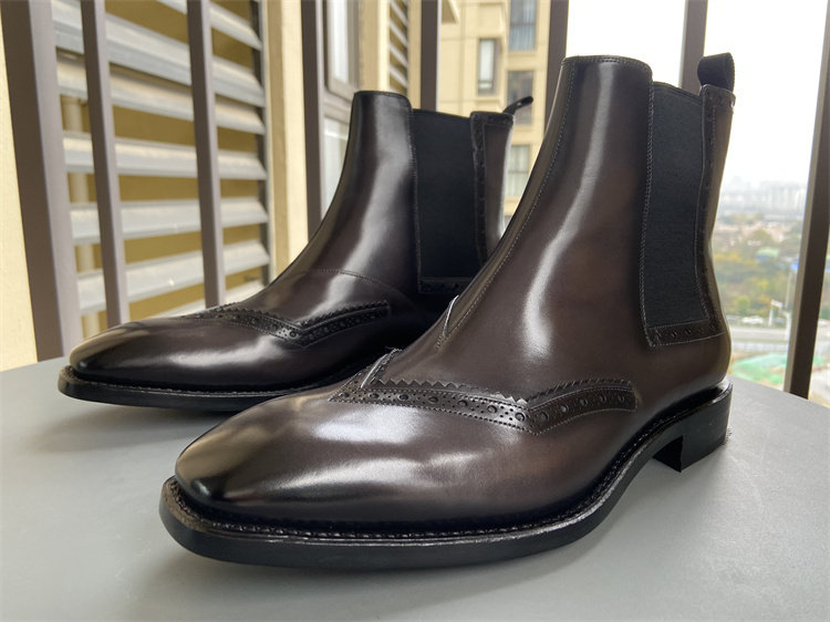 法国进口撤柜头牛皮固特异工艺布洛克雕花英伦潮流切尔西靴