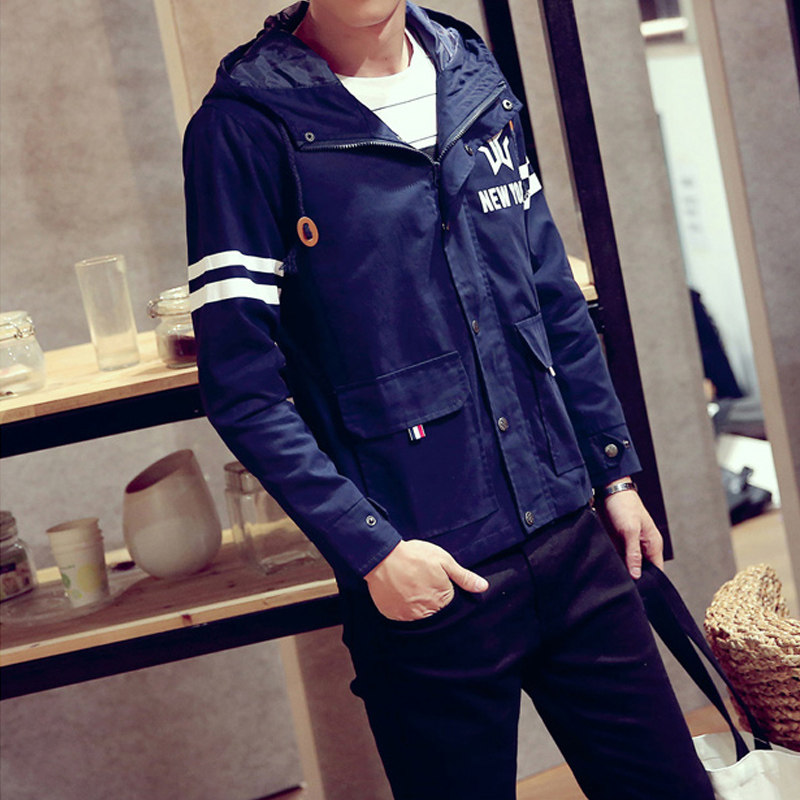 春秋季个性潮流印花韩版修身青少年男士连帽夹克外套潮男上衣薄款