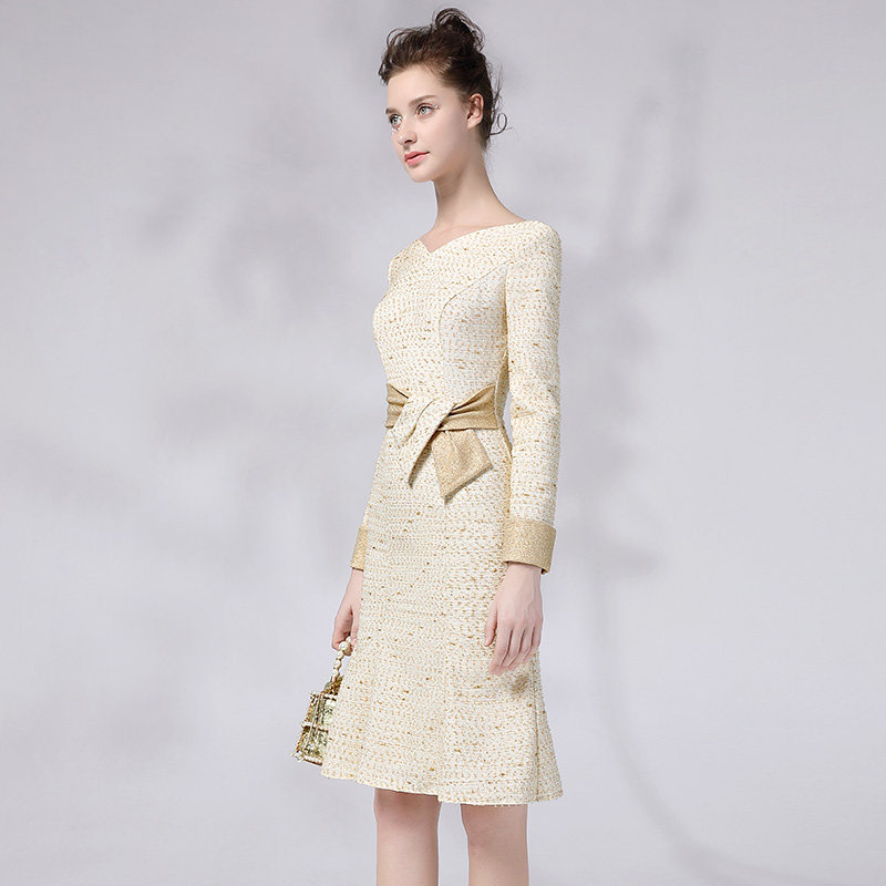 思朵杏色金杏色可穿平时妈妈秋冬优雅礼服小礼礼服