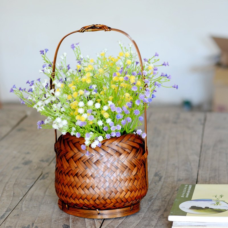复古竹编花篮插花竹篮提手篮影视拍摄道具做旧中华插花装饰篮子
