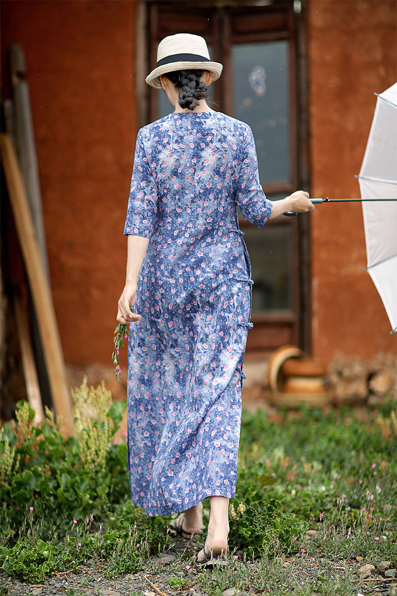 207161 阿元作品原创改良旗袍蓝色丝绵印花圆领盘扣中式碎花长裙_有20