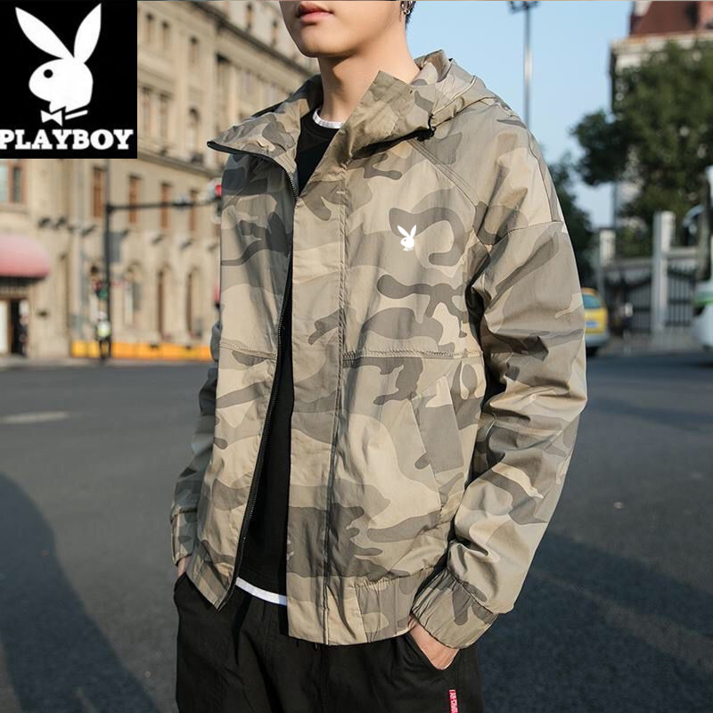花花公子夹克男春季韩版潮流连帽迷彩上衣服宽松百搭休闲工装外套