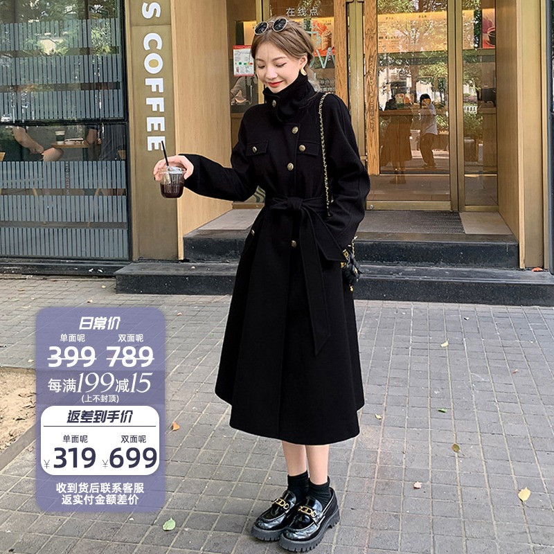 【大衣世家 黑金派对】双面呢黑色大衣秋冬收腰中长款呢子外套女