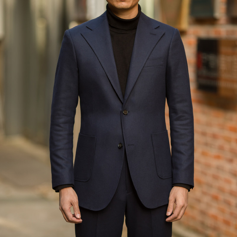 秋冬深蓝色法兰羊毛外套修身欧版大领型西装便服西服