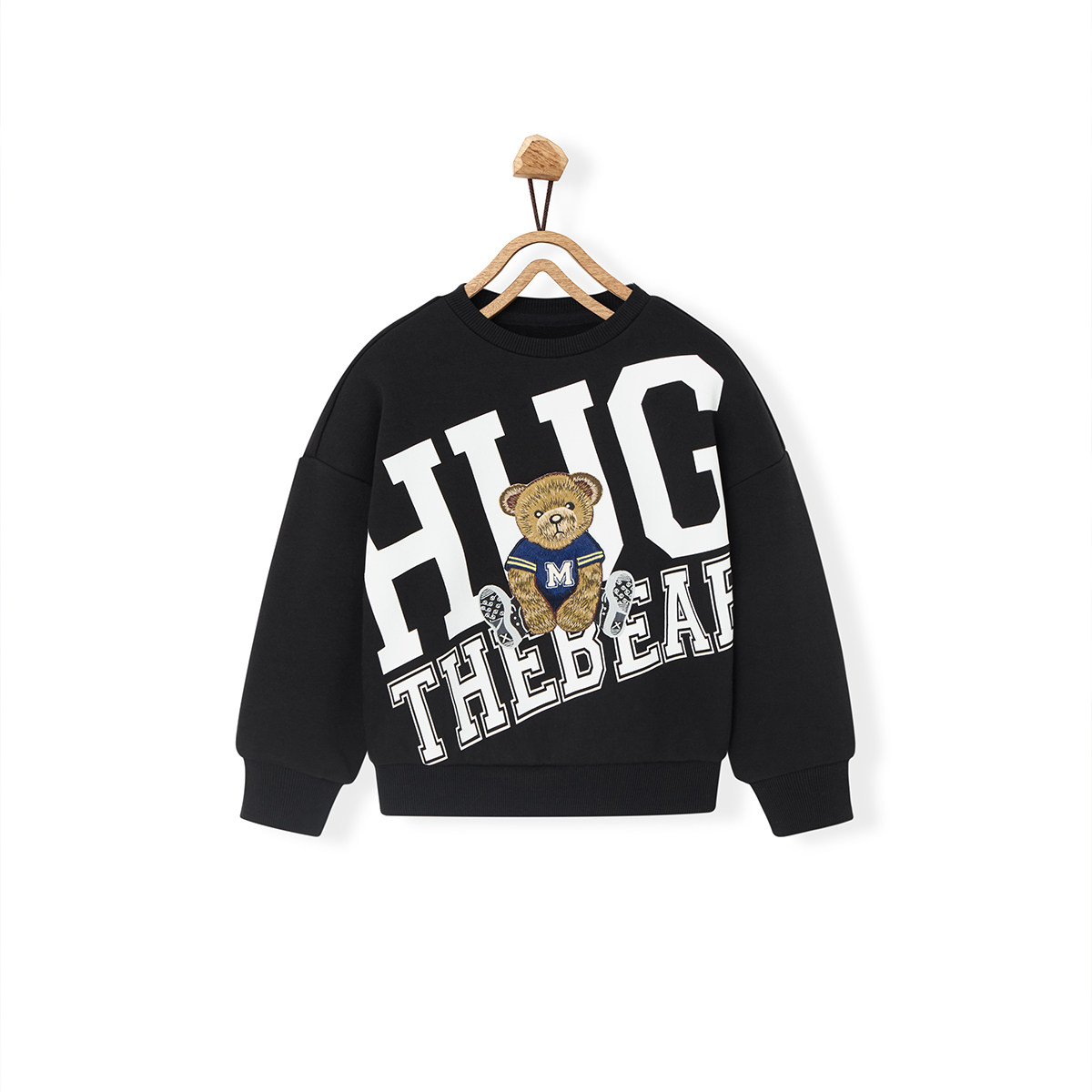 minipeace童装黑色卡通小熊男童卫衣韩版潮洋气加绒卫衣