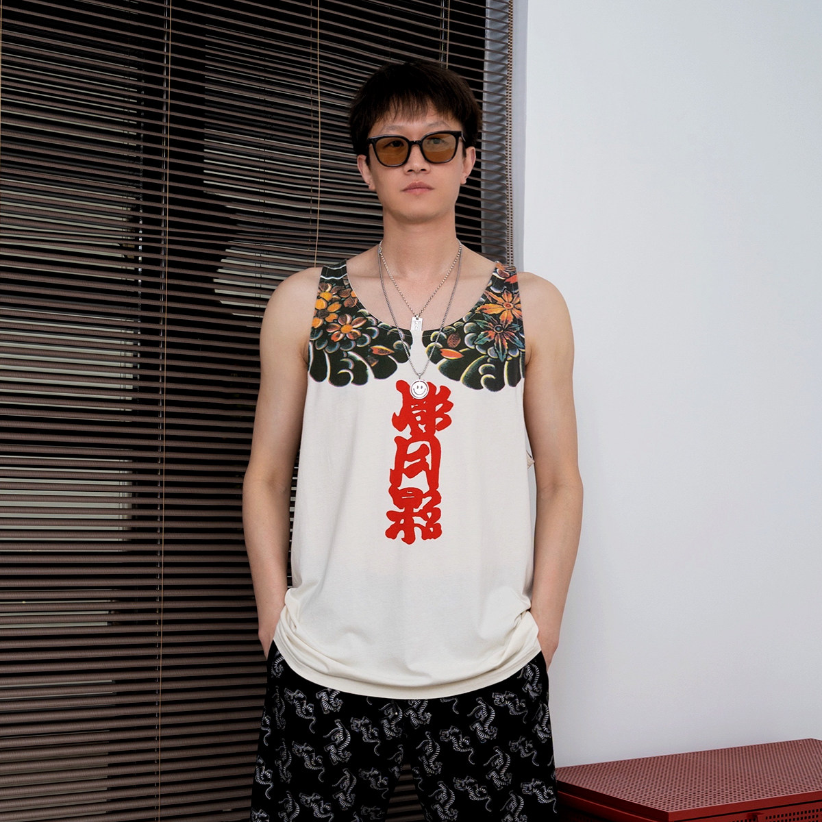 自言自语日系小丑印花背心纹身图案吊带复古宽松背心