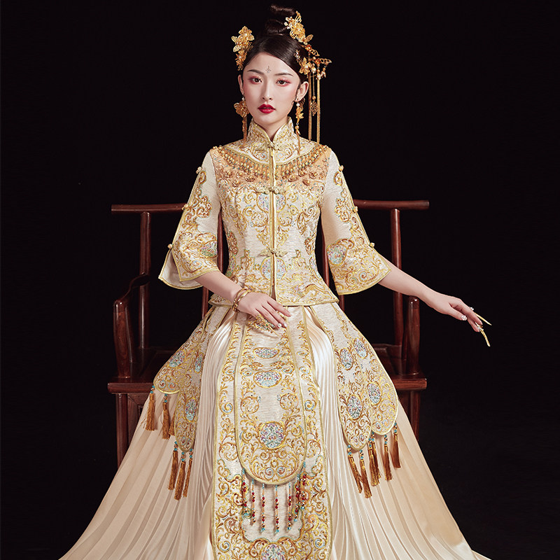 婚纱中式中国风秀禾服新娘2020新款古装婚服女金色显瘦秀和出阁服