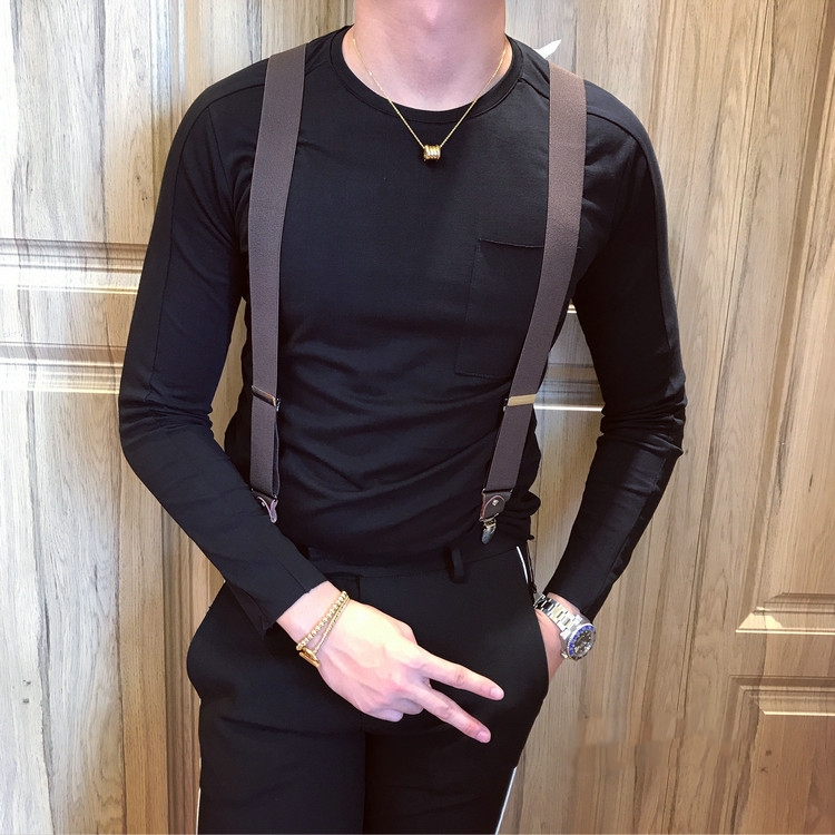 韩国韩版秋冬男士纯色口袋长袖打底衫青年百搭长款T恤时尚内搭帅