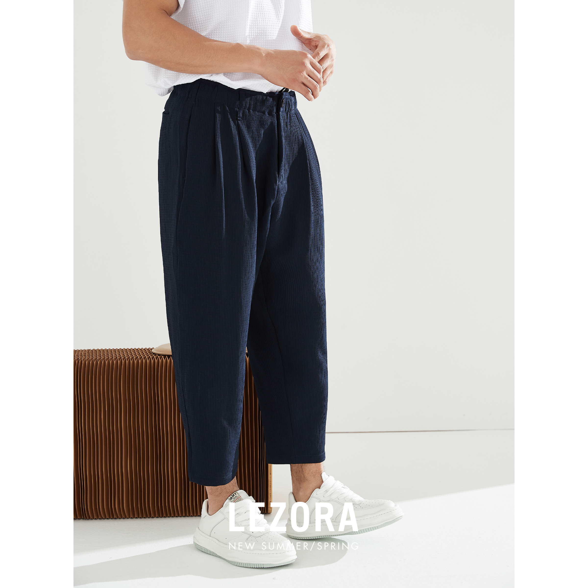 日本进口格纹气泡纱 凉感透气抗皱九分萝卜裤西裤