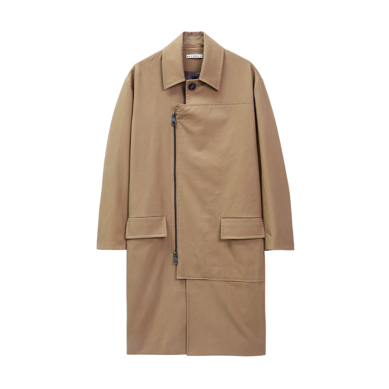 lezora定织天丝棉设计师翻领廓形开衩中长风衣外套风衣