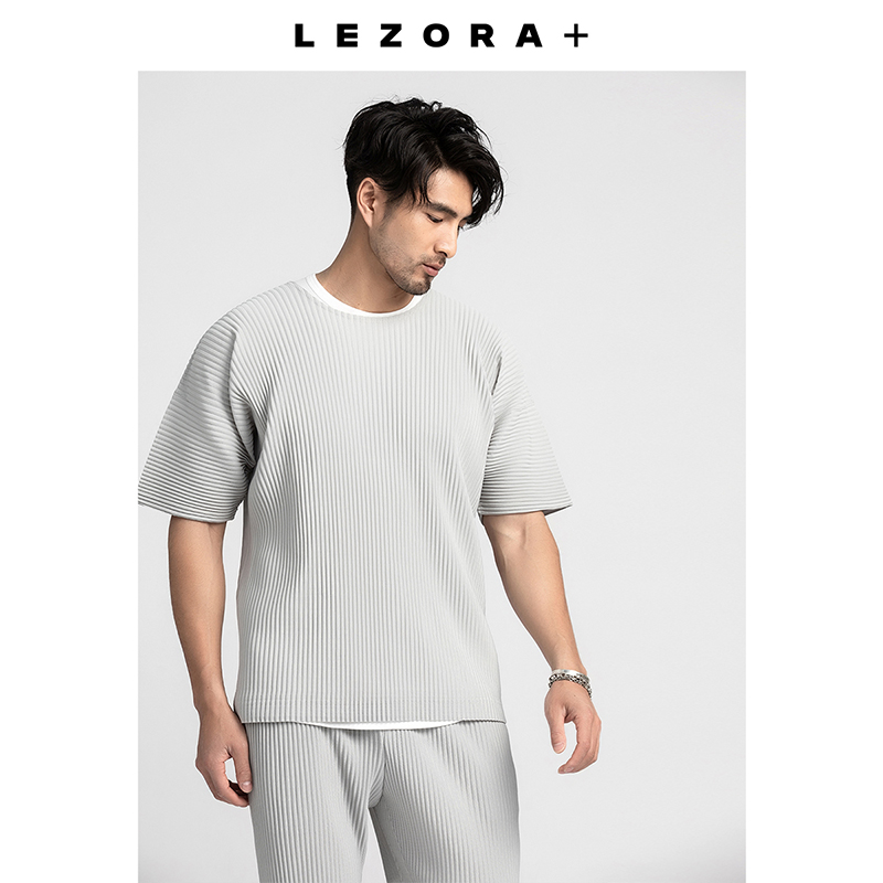LEZORA 日本宅款面料 薄款宽松廓形落肩褶皱圆领短袖T恤男JK020