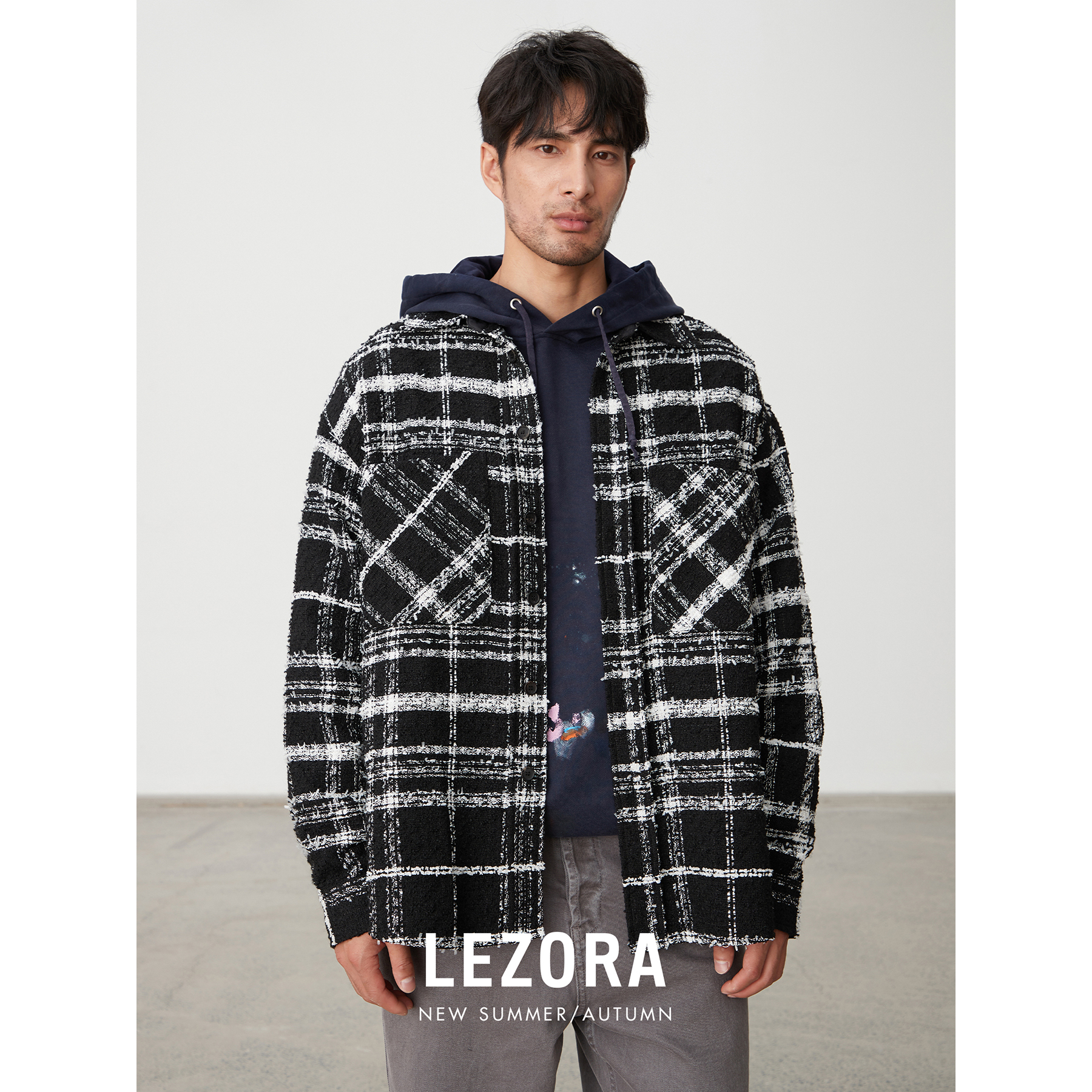 LEZORA 羊毛编织粗纺小香风！格纹大口袋廓形衬衫外套男