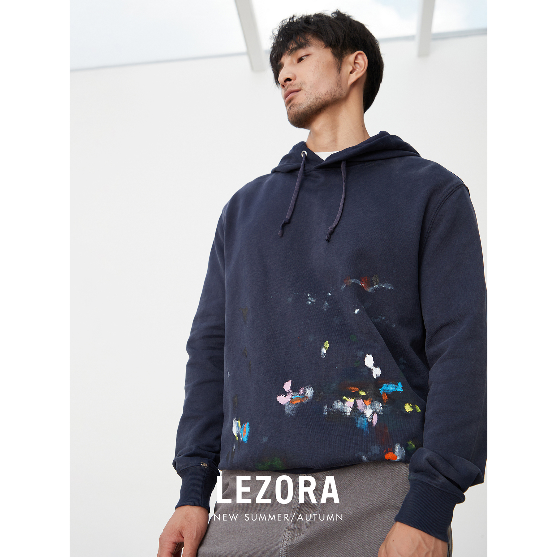 LEZORA 手绘每件不同!定制lanv家380g棉重洗水做旧泼墨帽衫卫衣男