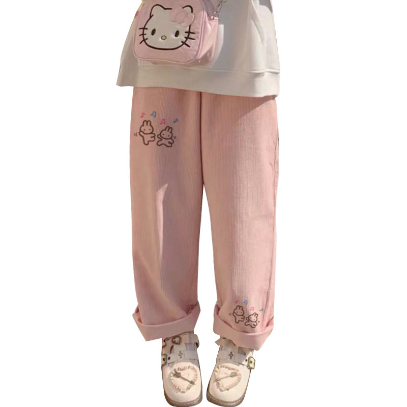 夏季新款春秋日系灯芯绒裤子女软妹可爱女学生宽松休闲直筒阔腿裤