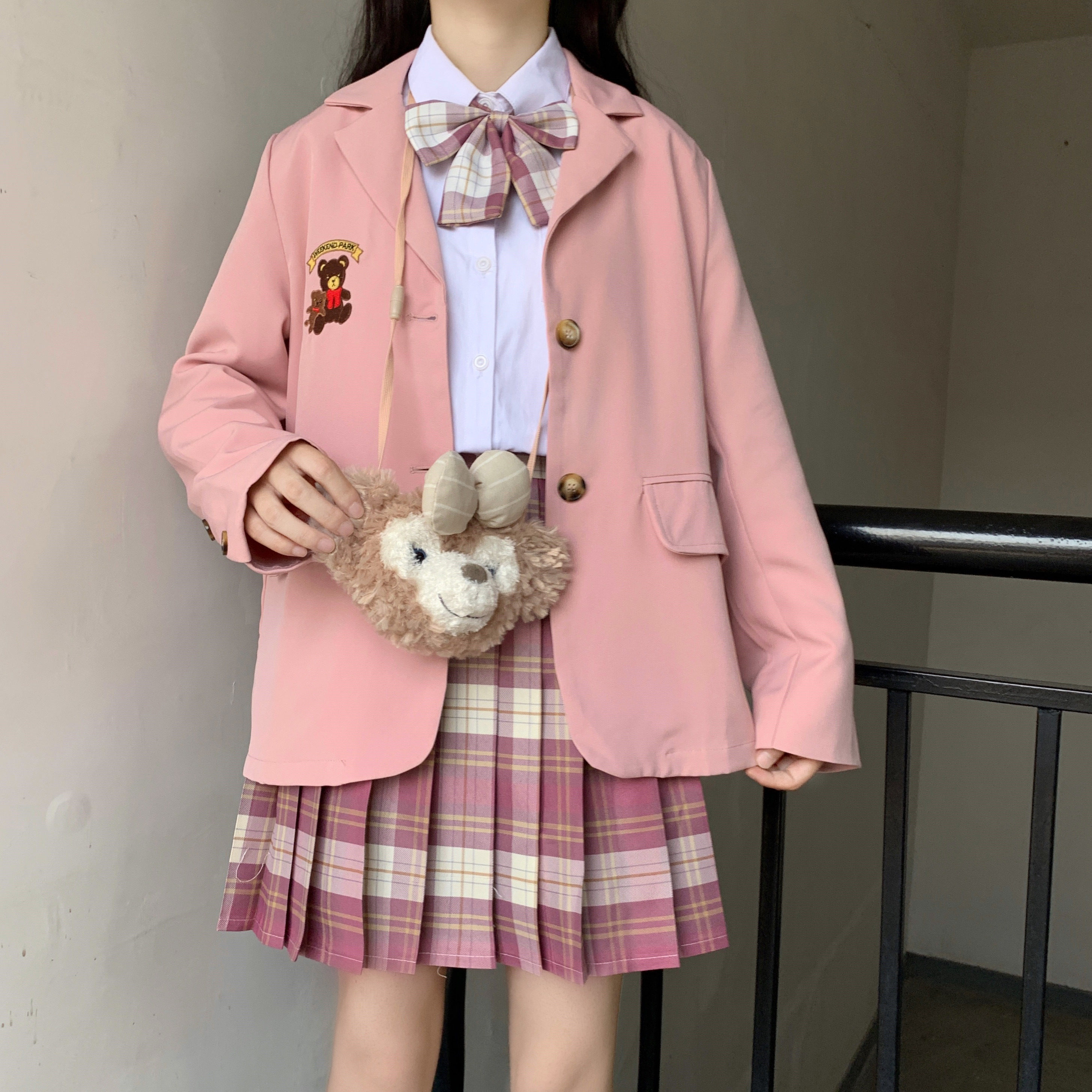 小熊刺绣粉色jk学院西装学生制服外套少女西装