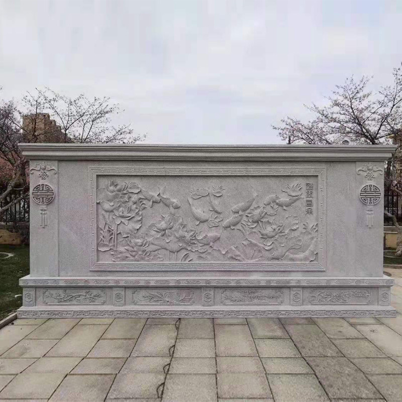 影壁现代石雕玄关背景墙浮雕青石汉白玉晚霞红庭院石雕
