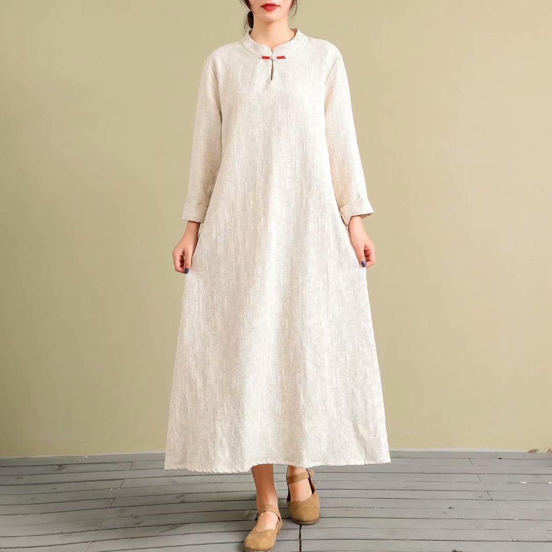 子禾出品秋冬季长款麻料气质长裙裙子盘扣棉麻连衣裙