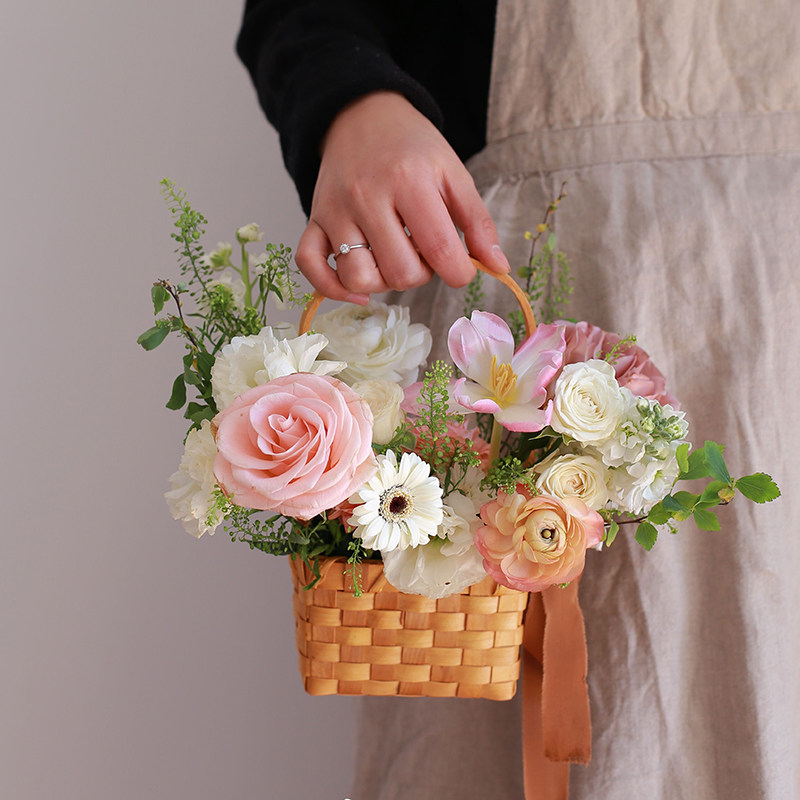 贝影木条木片高提手提手小花花篮鲜花礼品篮子长方形花篮