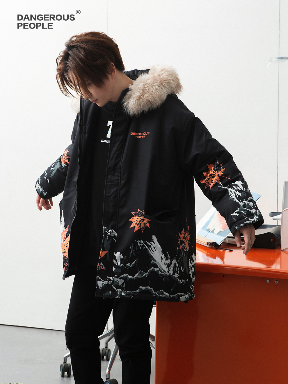 dangerouspeople薛之谦dsp冰山枫叶大毛毛领连帽外套潮流棉衣