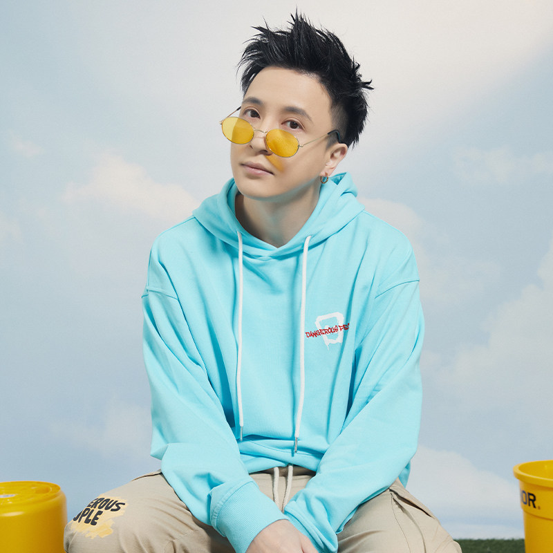 dangerouspeople 薛之谦dsp喷墨纸袋人印花潮流抽绳连帽套头卫衣