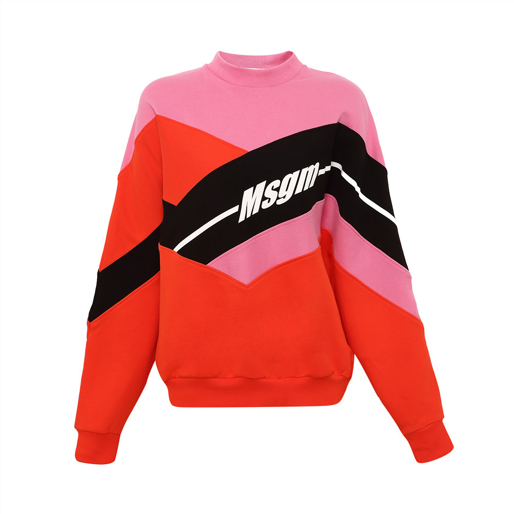 msgm2020春夏粉橙拼色全棉logo休闲百搭圆领女士卫衣