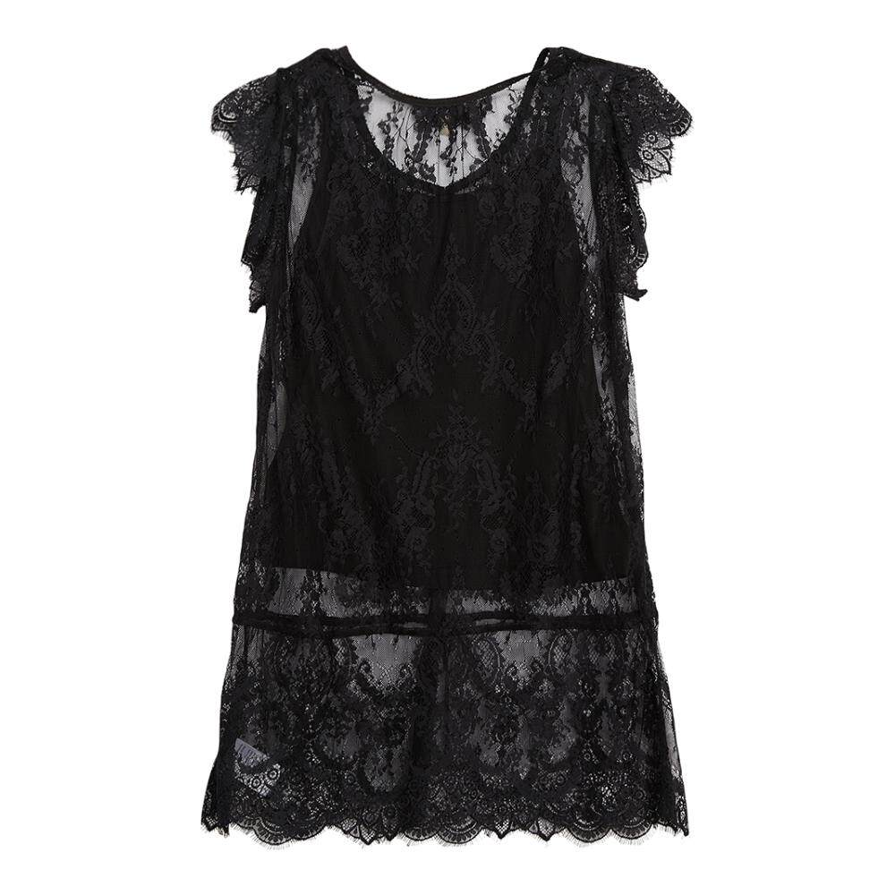 gegina黑色纹样蕾丝圆领短袖吊带女士上衣蕾丝衫