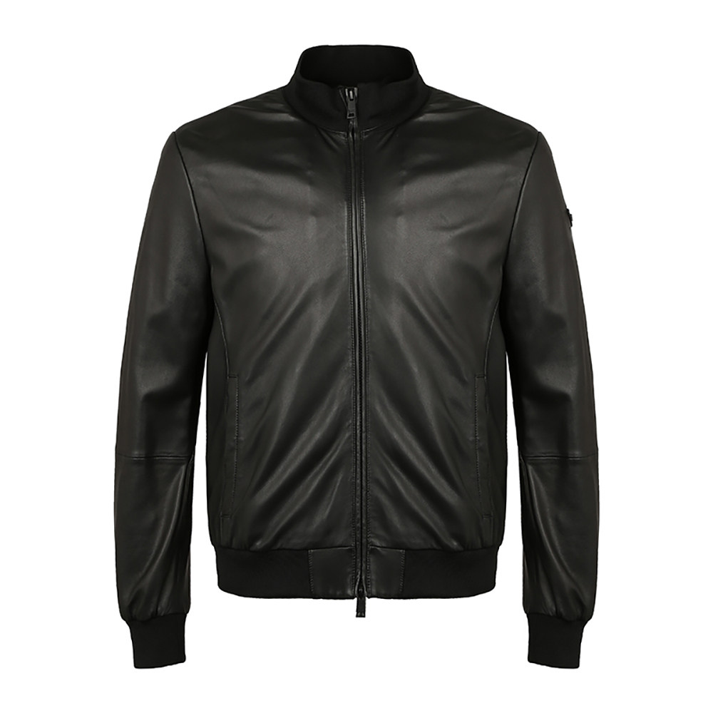 emporioarmani黑色羊皮logo徽标立领长袖男士真皮皮衣