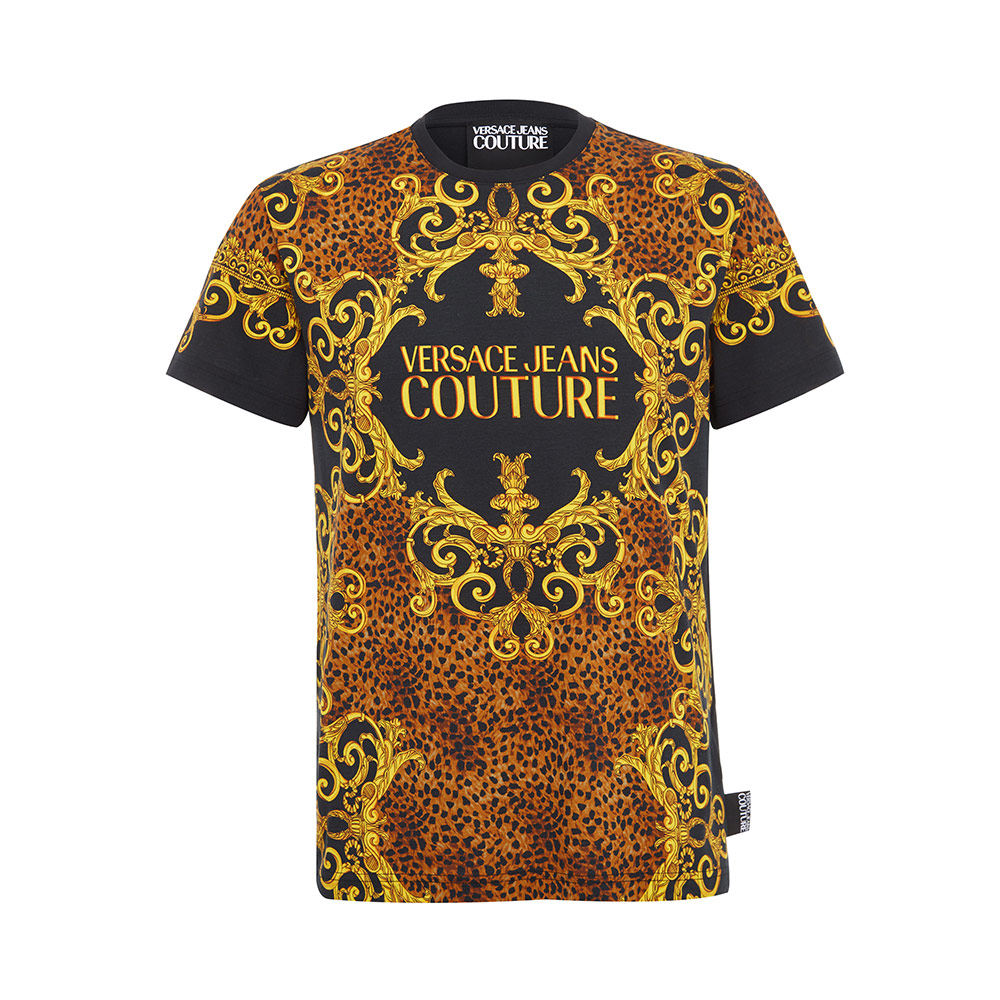 versacecollection范思哲黑金纯棉豹纹巴洛克印花男士恤衫t恤
