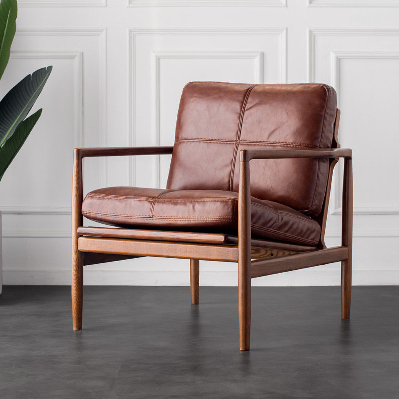 北欧单人实木美式休闲椅卧室客厅阳台懒人真皮沙发椅