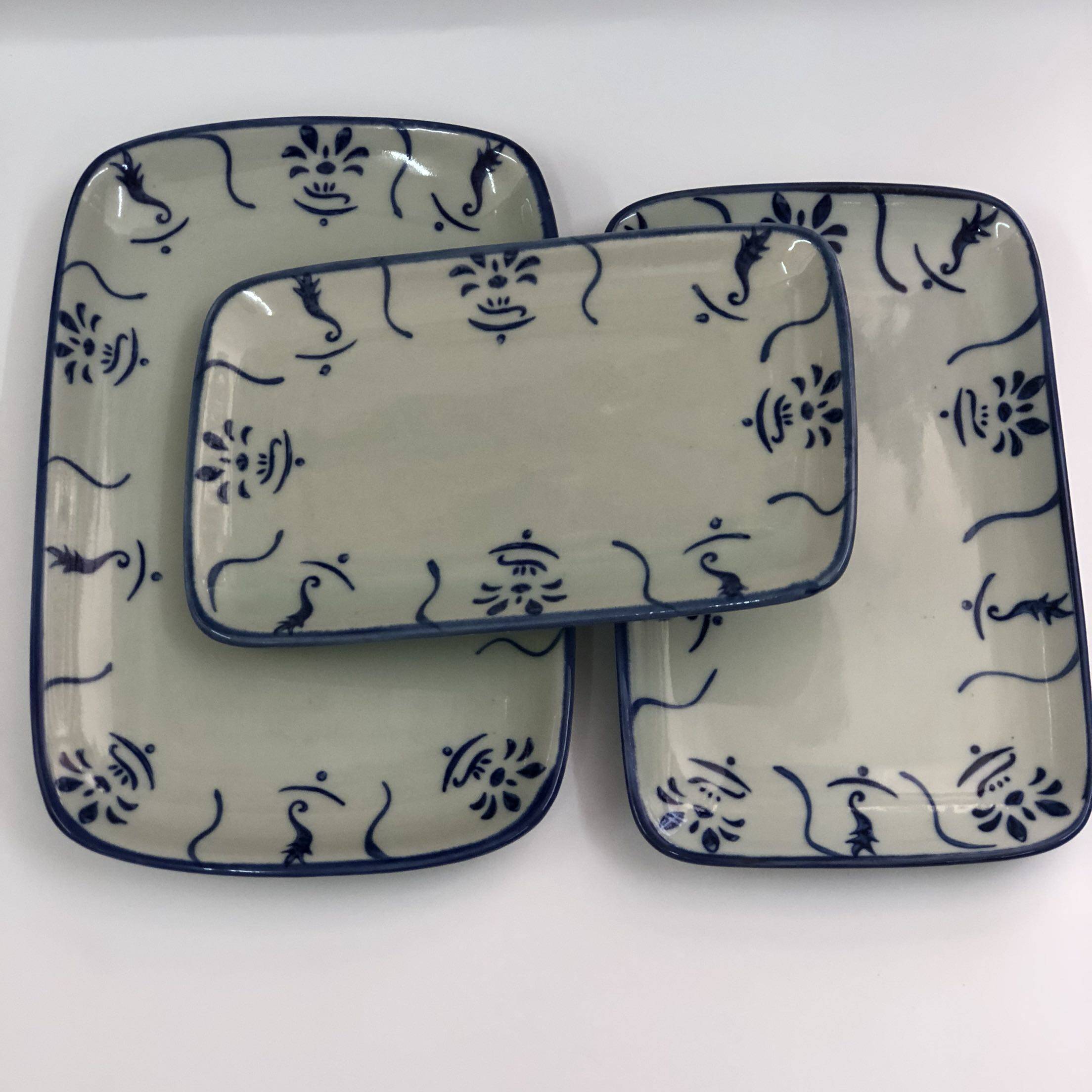 青花瓷肠粉碟子盘子长方形菜盘小吃手绘盘