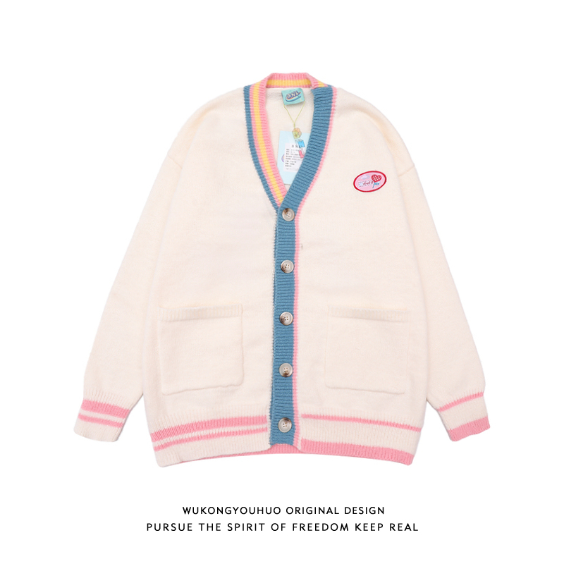 悟空有货ins原宿风拼色开衫毛衣外套男潮牌复古宽松休闲针织上衣