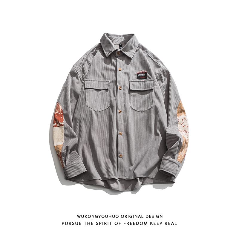 悟空有货日系复古腰果花拼接长袖衬衫男潮牌bf宽松休闲灯芯绒外套