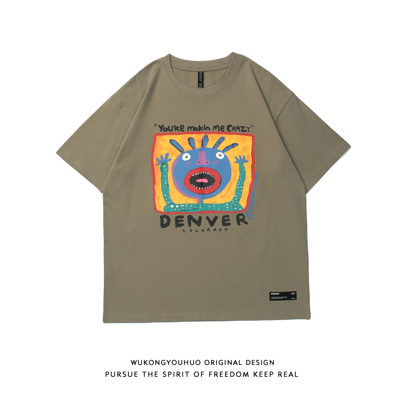 悟空有货欧美复古嘻哈印花短袖T恤男潮牌街头宽松休闲圆领体恤衫