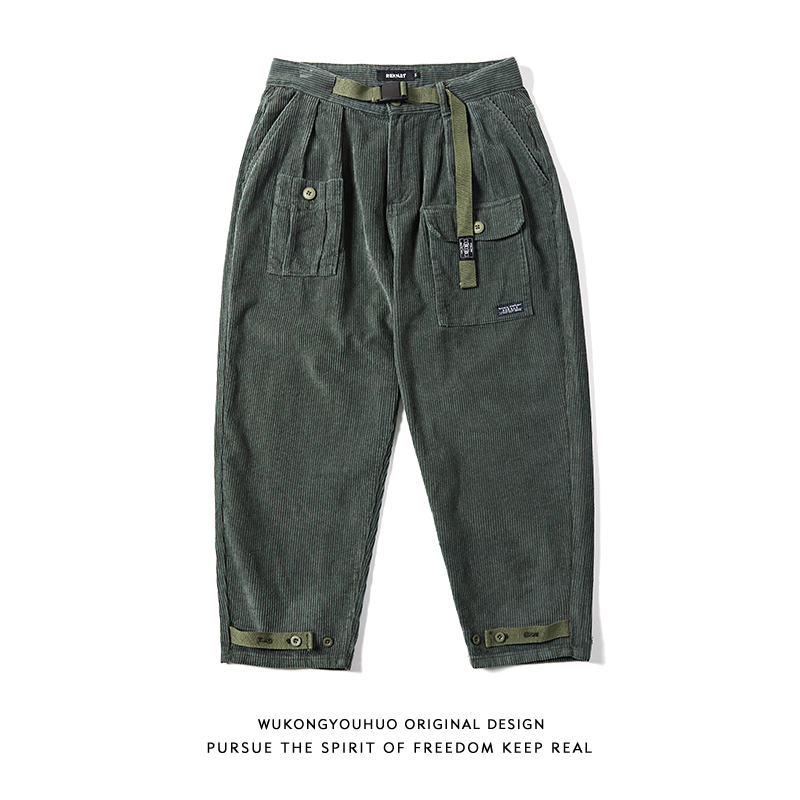 悟空有货秋冬美式复古灯芯绒休闲裤男潮牌宽松多口袋工装直筒潮裤