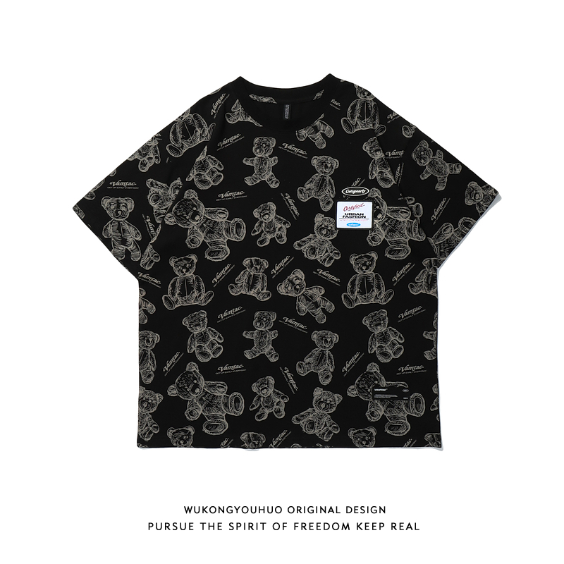 悟空有货ins原宿风小熊满印短袖T恤男潮牌街头bf宽松情侣休闲体恤