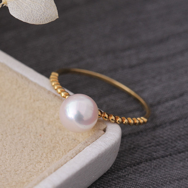 日本海水akoya珍珠花珠 18k金麻花戒指强光镜面 淡水珍珠包邮 - 可颂