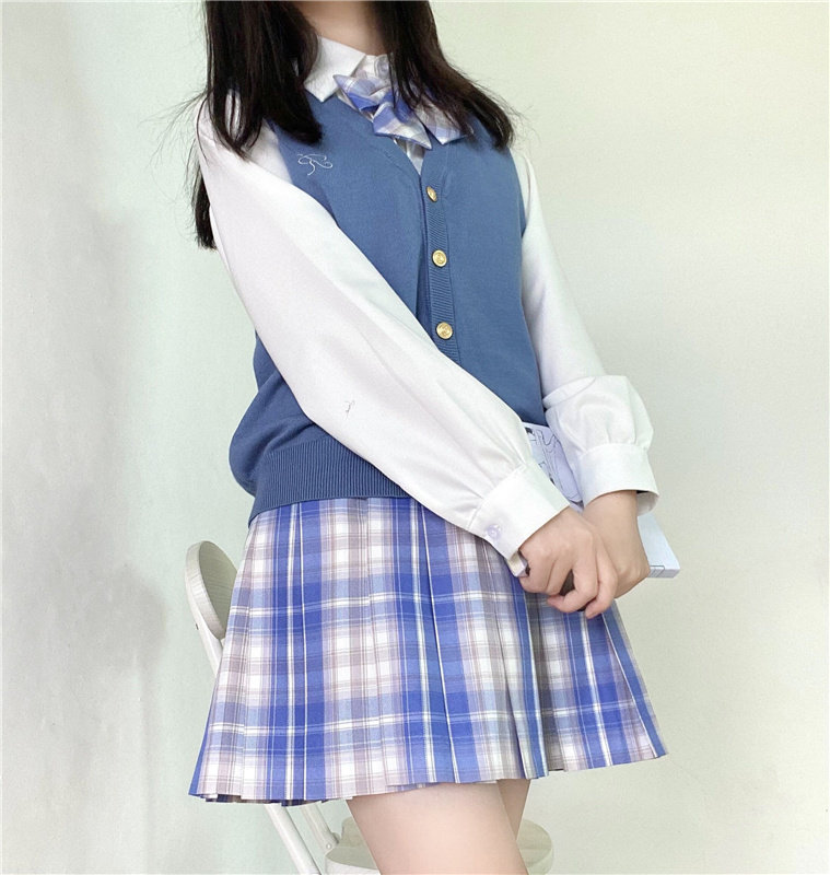 白瑾iqcq气球熊jk制服原创现货蓝白格子半身学生校服