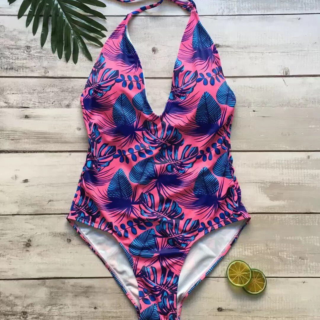 泳装温泉一体式比基尼欧美ins连体吊带树叶印花连体泳衣