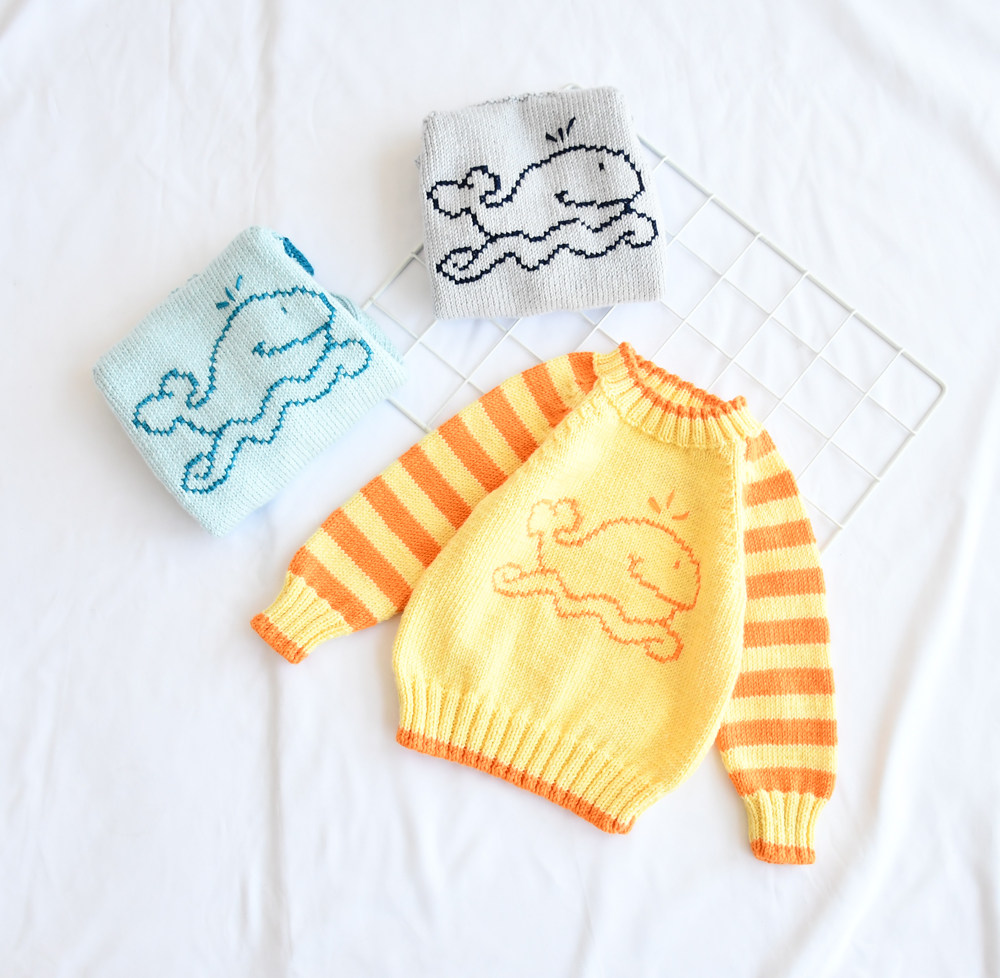 卡通图案海豚插肩款拼色儿童套头毛线手工材料diy编织材料包